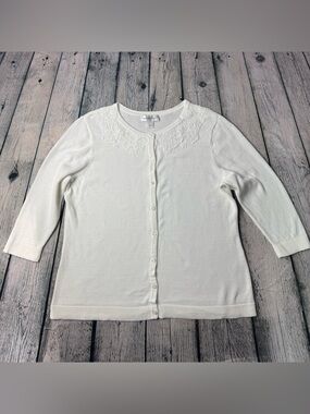 Christopher & Banks Off White Lace-Yoke Button Cardigan 100% Cotton Size Large